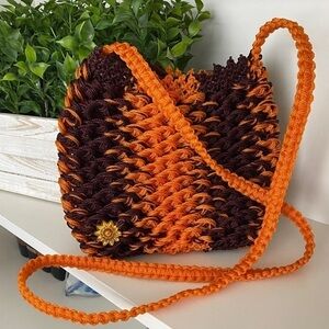 Handmade Crocheted Purse Handbag Brown/Orange with One Floral Piece Attached Vtg